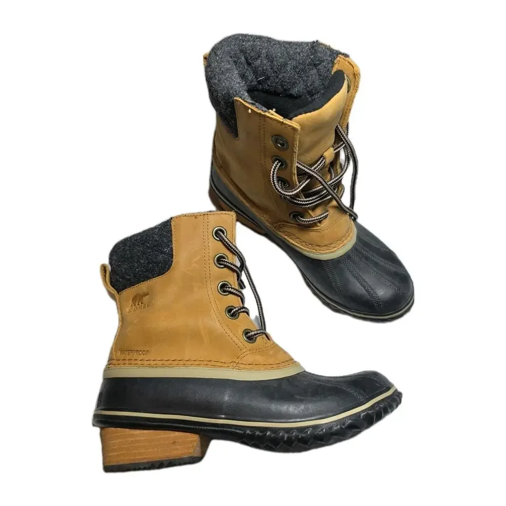 Sorel Women's Slimpack II Boot SZ 6.5 Duck Tan Leather Waterproof Lace Up Wool
